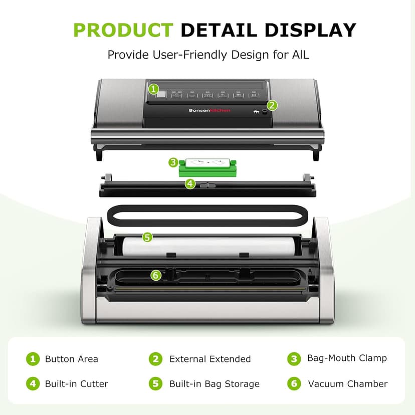 Bonsenkitchen Vacuum Sealer for Food, Easy-Lock Handle Vacuum Sealer Machine with Bag Clip, Built-in Cutter and Bag Storage for Sous Vide and Meal Prep, 1 Roll Bag & 10 Pre-Cut Bags, Silver