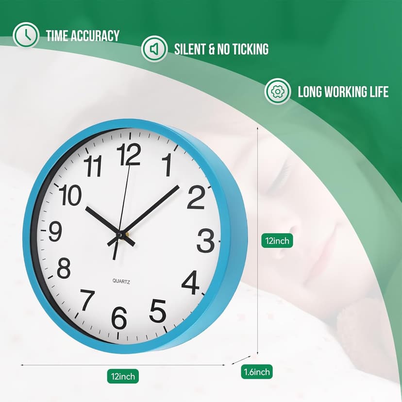 Wall Clock Non-Ticking Silent Quartz Movement Decor Clock Modern Simple Style Round Plastic Wall Clocks for Home/Office/School/Living Room/Bedroom/Kitchen (Blue, 12 Inch)