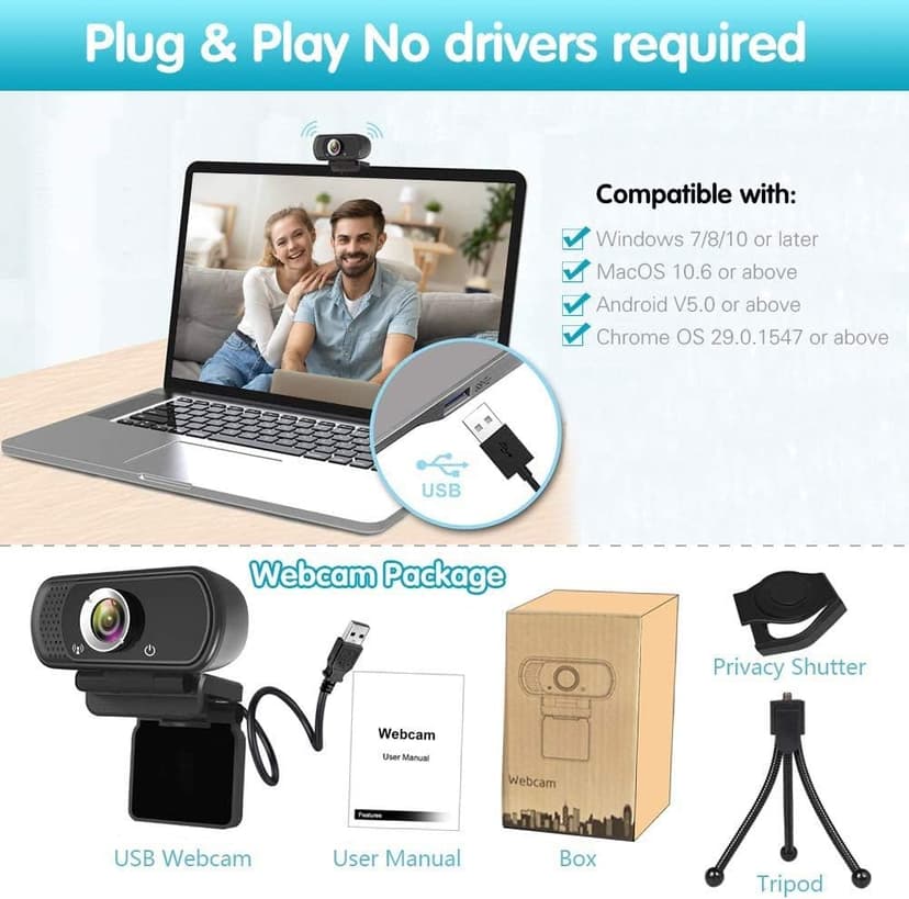 Webcam HD 1080p ,Live Streaming HD Camera with Stereo Microphone, PC Desktop or Laptop USB Webcam with 110 Degree View Angle, for Switch 2,Video Calling, Recording, Conferencing, Streaming, Gaming