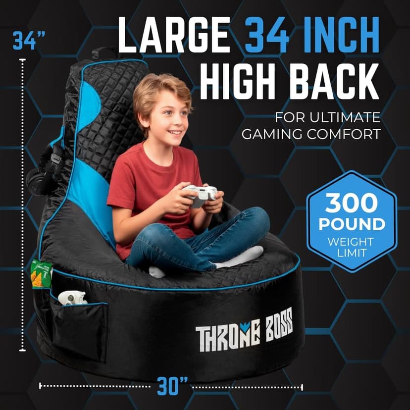 Throne Boss Gaming Bean Bag Chair Cover for Kids with High Back, Blue – Gamer Chair for Kids with 2 x Large Side Pockets, Headphone Hanger, Easy to Clean Fabric, Requires 200 Liters Polystyrene Beans