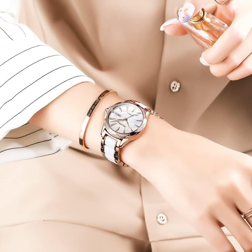 OLEVS Womens Big Face Automatic Watch, Diamond Accented Self Winding Dress Watch for Women, 50M Waterproof Day-Date Sapphire Crystal, Two Tone Stainless Steel Ceramic Band, White/Blue/Green/Red Dial