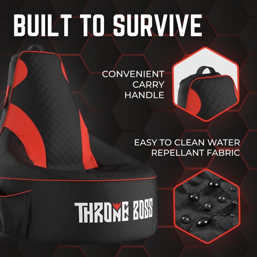 Throne Boss Gaming Bean Bag Chair Cover for Adults with High Back, Red – Large Floor Gaming Chair Cover, Easy to Clean Fabric, Large Pockets, Headphone Hanger, Requires 350 Liters Polystyrene Beans