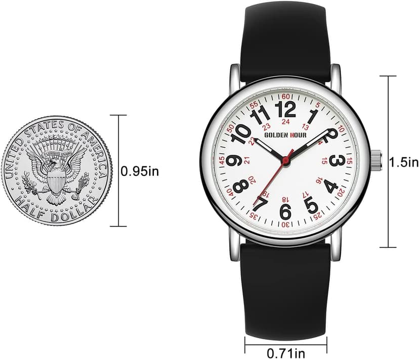 GOLDEN HOUR Waterproof Nurse Watch for Medical Professionals, Students Women Men - Military Time Luminouse Easy Read Dial, 24 Hour with Second Hand, Colorful Silicone Band