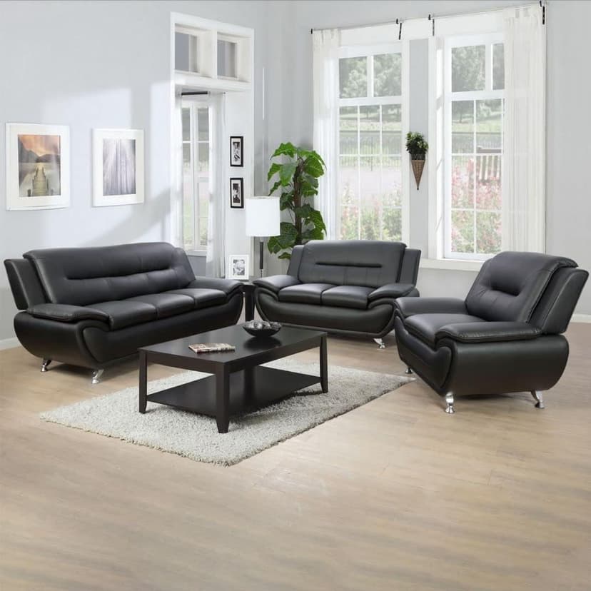 Ocstta Modern 3 Piece Living Room Couch Set, Faux Leather Sofa Set, Black