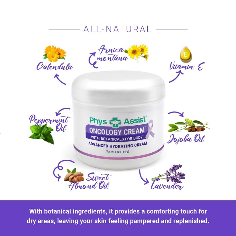 PhysAssist Oncology Cream 4 oz plus Lip Balm. Hydrates and Pampers Stressed skin. Made with a blend of natural Botanicals. Clinically Tested, Non Irritant.