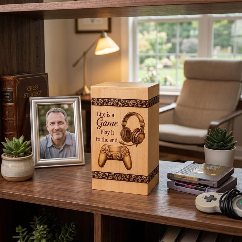 Steamed Beech Wood Gaming Memorial Urn Box for Ashes, Handmade Wooden Cremation Urn, Gamer Funeral Keepsake and Remembrance Box, Gamer urn, Gaming Memorial urn B0HH7PF8LT