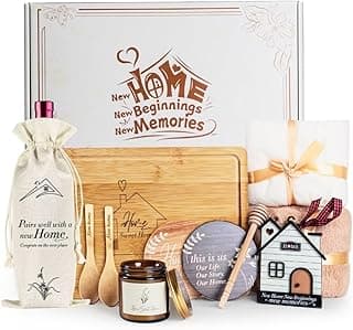 Synhonty New Home Gift Ideas Basket, 11 Pcs: Bamboo Serving Board, Wooden Decoration, Soy Candle, Towels & More - White