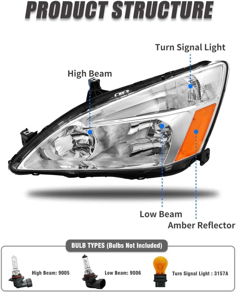 2003 2004 2005 2006 2007 Accord Headlight Assembly for 2003-2007 Honda Accord 2/4dr Clear Lens Chrome Housing with Amber Reflector Headlamp Replacement Left and Right Pair（W/O Bulbs）