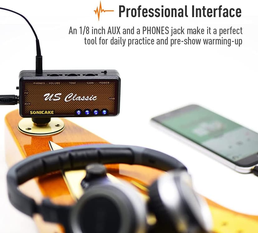 SONICAKE Guitar Headphone Amp Mini Guitar Headphone Amplifier US Classic Rechargeable Plug-in Pocket Bedroom Overdrive Reverb Effects