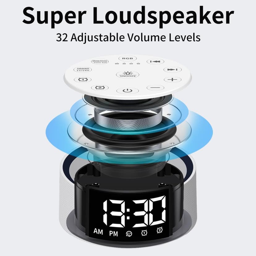 Sound Machine White Brown Noise Machine with 30 Sleeping Sounds for Baby Kids Adults Night Light Bedroom Alarm Clock 2 Alarms Backup Battery 32-Level Vol 15 Wake up Sounds for Mild Heavy Sleeper