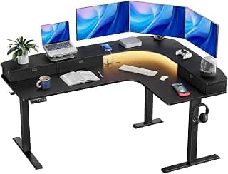 HUANUO 65″ L-Shaped Standing Desk with Power Outlets & LED Strip, Electric Height Adjustable Corner Computer Desk, Sit Stand Up Desk with 3 Drawers, Black