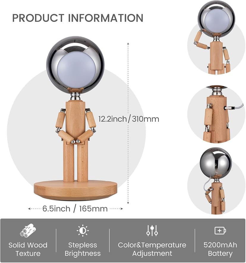 Pause Moon Lamp, Creative Wood LED Desk Lamp, Unique Decorative Lighting for Bedroom, Lamps for Night Stands, Rechargeable Cordless Lamp Office & Gift