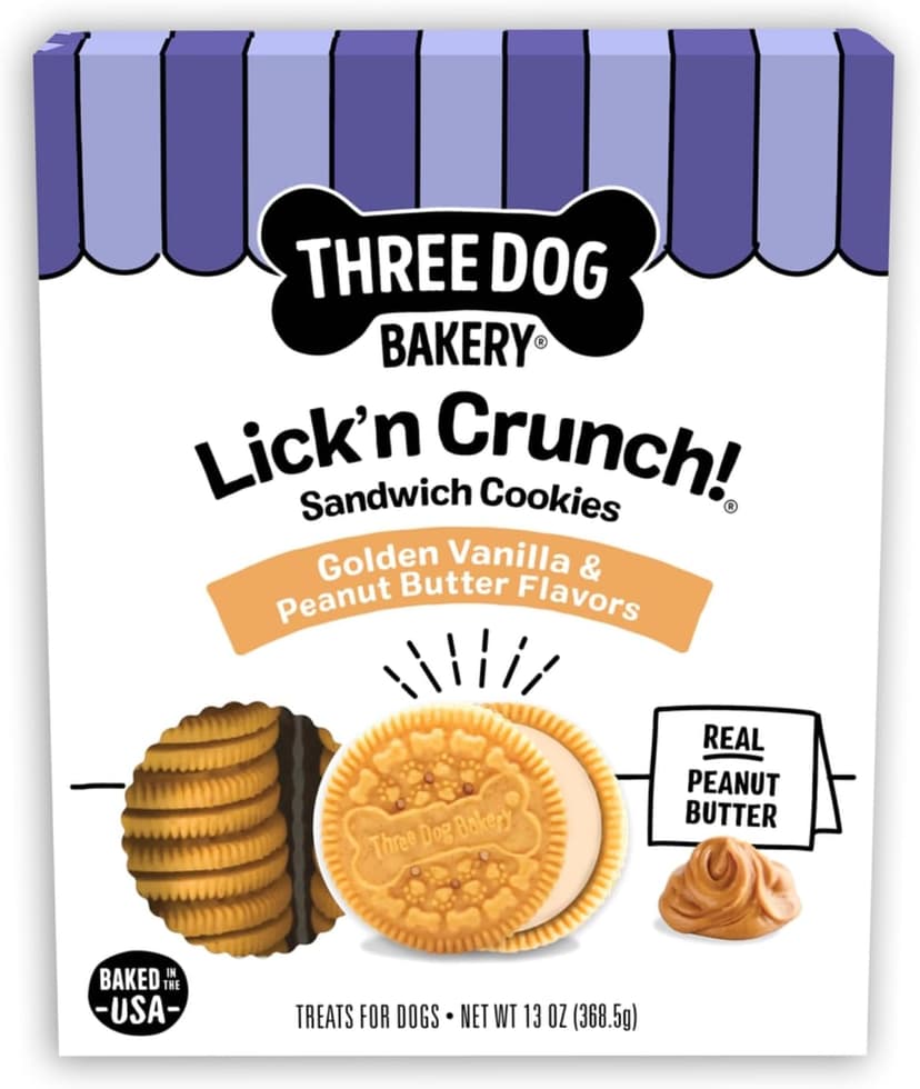 Three Dog Bakery Classic Cremes Baked Dog Treats, Golden with Peanut Butter Filling, 13 oz,Brown,310077