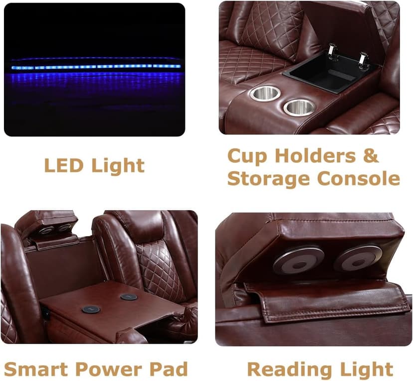 Toseslo Power Reclining Sectional Sofa Set with LED Light,Leather Sectional Couches, Living Room Furniture Sets, Modern Power Recliner Sofa Sets with Cup Holder for Living Room(Brown)