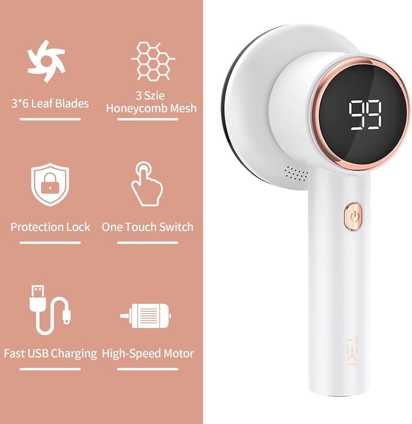 Fabric Shaver Lint Remover for Clothes with 2 Speeds, Digital Display, 6 Leaf Blades, USB Rechargeable Sweater Defuzzer to Remove Pilling Fuzz Ball for Furniture, Couch, Coat.