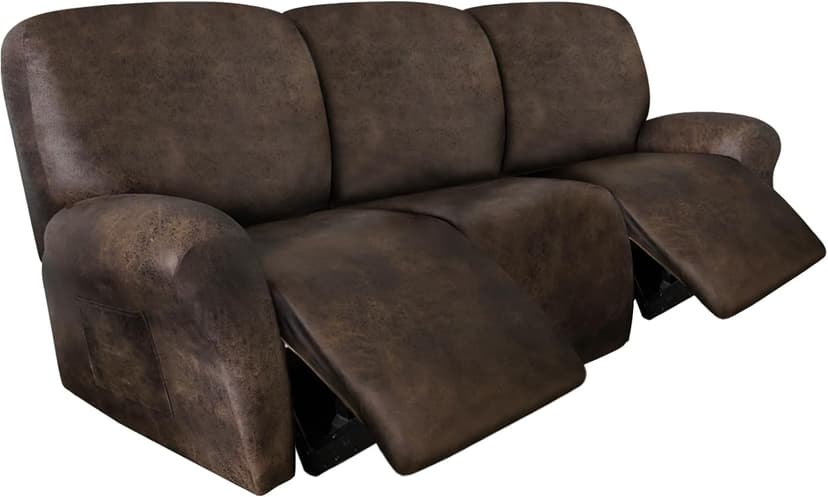 ANARACHON Leather Look Recliner Couch Cover 8-Piece Recliner Sofa Slipcovers 3 Seater for Reclining Couches Furniture Protector Spandex Fabric Washable (Recliner Sofa, Brown)