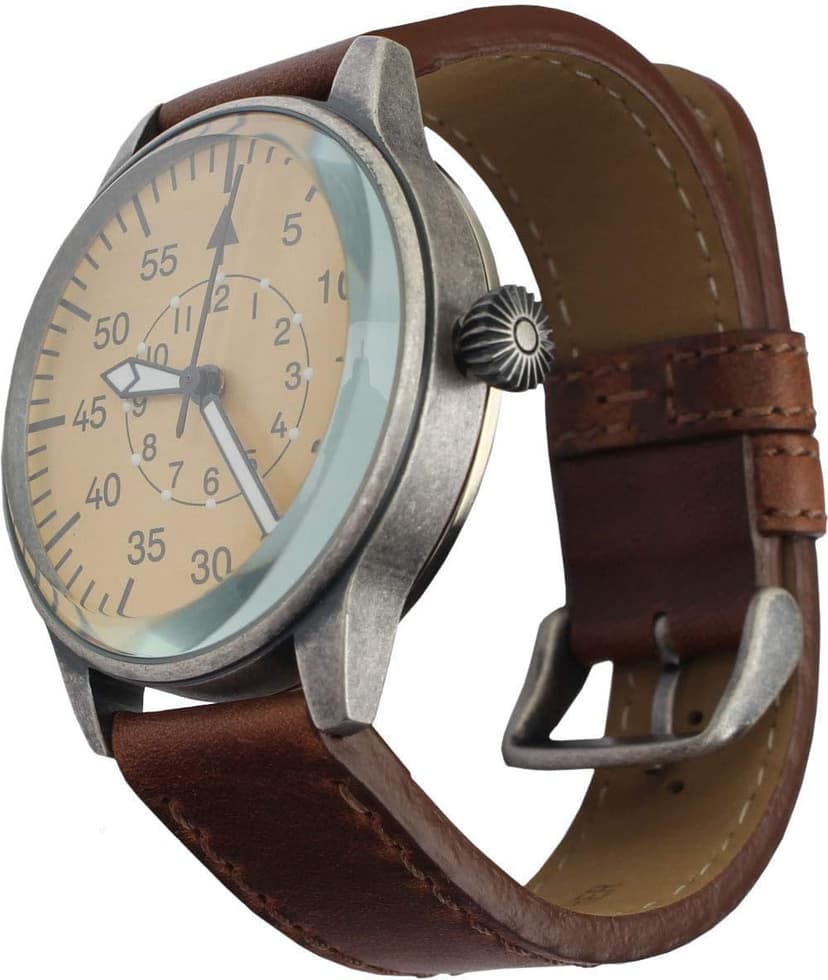 Mil-Tec Luftwaffe Me109 Aviator Vintage German WW2 Flieger Pilot Mens Watch - Military Easy to Read Calfskin Brown Leather Strap 3 Atm Analog Quartz