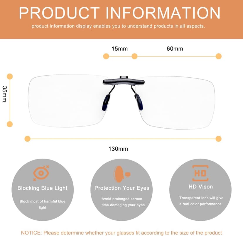 FONHCOO Clip on Blue Light Blocking Glasses Womens Mens over Prescription Glasses Frameless Lens Anti Eyestrain Headaches