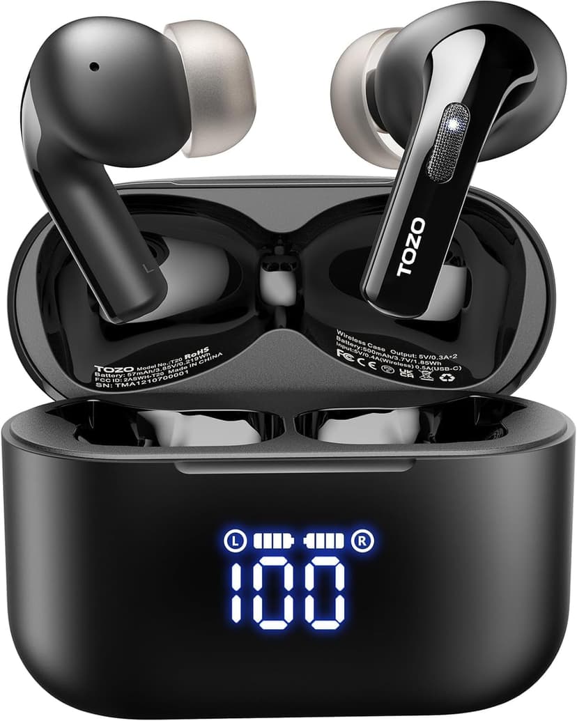 TOZO T20 Wireless Earbuds Bluetooth Headphones 48.5 Hrs Playtime with LED Digital Display, IPX8 Waterproof, Dual Mic Call Noise Cancelling 10mm Broad Range Speakers, New Version