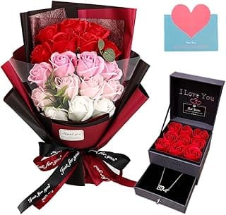 EIGHTOWN Roses Bouquet Artificial Flower - Preserved Red Rose Flowers with Love Necklace for Her - Unique Gifts Valentine's Day, Mother's Day, Thanksgiving, Birthday, Anniversary
