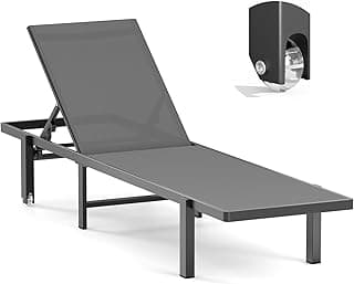 Ciokea Aluminum Chaise Lounge Chair Outdoor with Wheels, Patio Lounge Chair with Adjustable 5-Position Recliner and Full Flat Tanning Chair for Patio, Beach, Pool, Grey