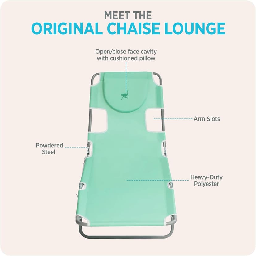 Ostrich the Original Chaise 72 x 22 Inch Lounge Portable Reclining Lounger, Outdoor Patio, Beach, Lawn, Camping, or Pool Tanning Chair, Teal