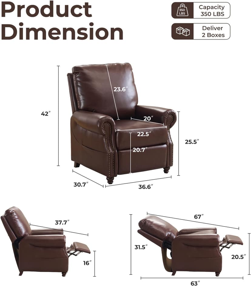 Pushback Recliner Chair with Massage and Heat, Breathable Leather Recliner Chair with Overstuffed Backrest, Recliner with Rivet Decoration, Single Sofa Accent Chair for Living Room, Brown