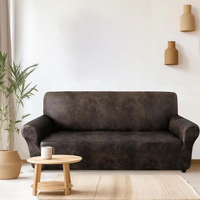 ANARACHON Sofa Cover, Couch Covers for Leather Couches, Stretch Sofa Covers with Leather-Like Texture, Washable, Non-Pilling, Non-Slip 1-Piece Couch Cover for Dogs, Cats and Kids (Sofa, Brown)