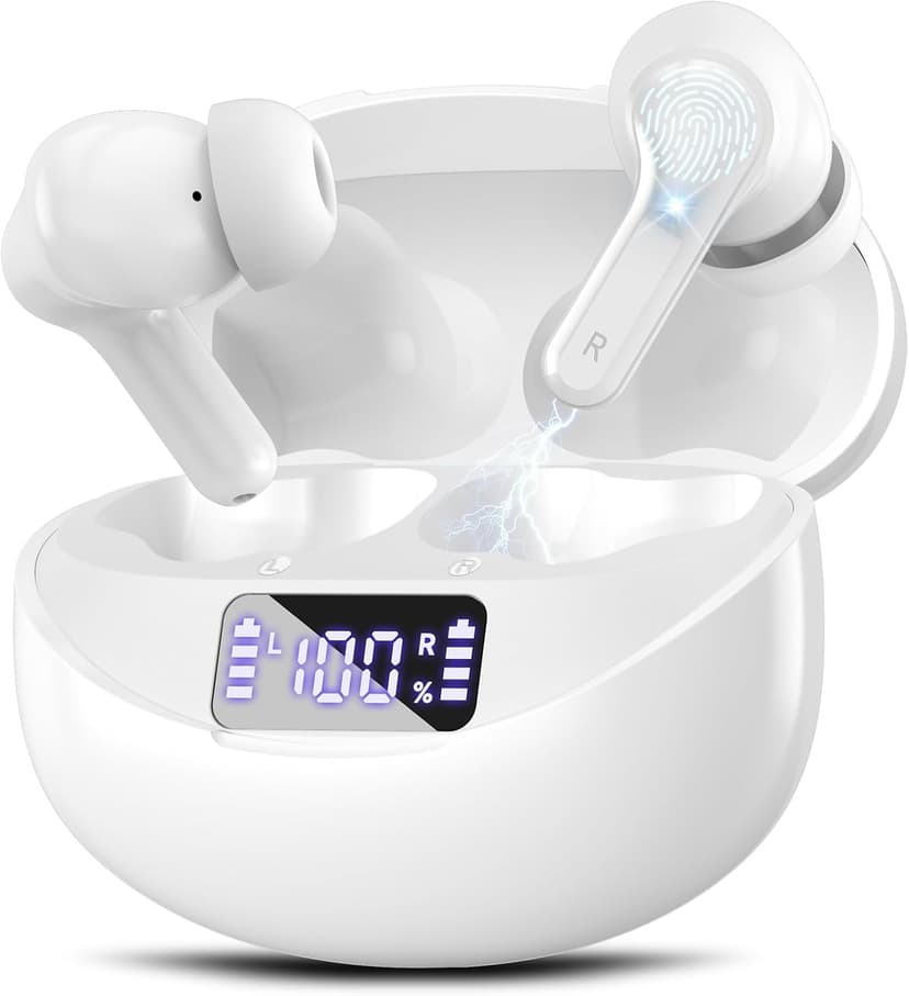 Fhumsh Wireless Earbuds, Bluetooth 5.4 HiFi Stereo Headphones with Noise Cancelling Mic, 50H Playback in Ear Buds with LED Digital Display, IPX7 Waterproof Earphones for Office/Running/Workout White