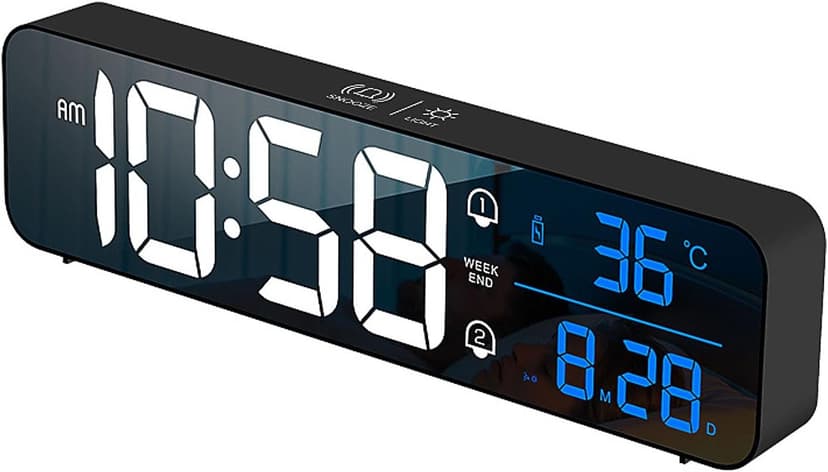 Digital Clock, Large Display LED Alarm Clock for Living Room Bedroom Office, Rechargeable Wall Clock, Sound-Activated, Snooze, Date & Temp Display, 40 Tones, 2 Alarms, 4 Volume, 5 Brightness Dimmer