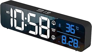 Digital Clock, Large Display LED Alarm Clock for Living Room Bedroom Office, Rechargeable Wall Clock, Sound-Activated, Snooze, Date & Temp Display, 40 Tones, 2 Alarms, 4 Volume, 5 Brightness Dimmer