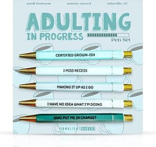 Engraved Funny Pens for Adults, Appreciation Gifts, Ideal Desk Decor for Work and Office Desk, Cute Packaging, Handy Clips Moonlight Makers Ballpoint Pens Black Ink, Set of 5, Adulting in Progress B0FLSB39H6