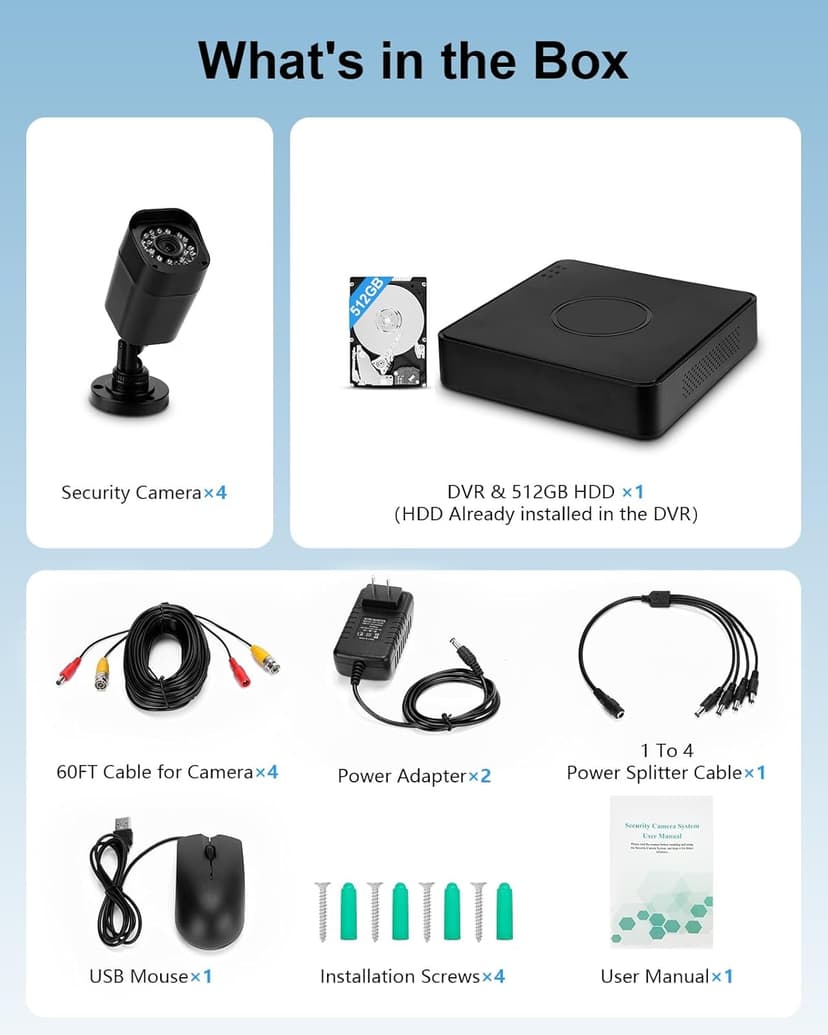 4CH 1080P Wired Security Camera System, AIWIXEN CCTV DVR with 512GB Hard Drive, 4 x Home Surveillance IP68 Waterproof Security Cameras with Human Vehicle Detection, Remote Access, 24-7 Recording