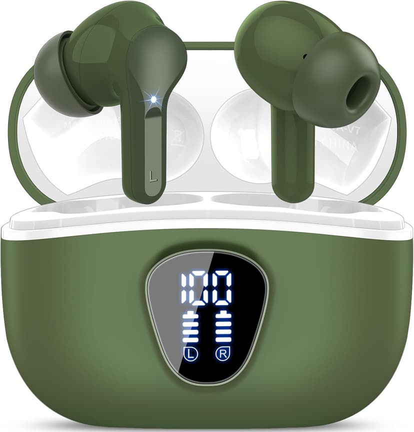 Wireless Earbuds, Bluetooth 5.4 Headphones HiFi Stereo, Bluetooth Earbuds with ENC Noise Cancelling Mic, IP7 Waterproof in Ear Earphones, 48H, LED Display Ear buds for Pad Phones Workout Sports, Green