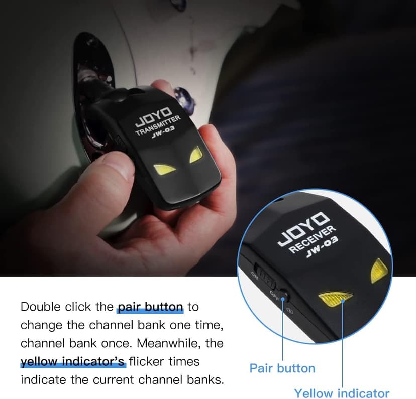 JOYO 2.4GHz Wireless Guitar System 4 Channels Rechargeable Audio Wireless Transmitter Receiver for Guitar Bass Electric Instruments (JW-03)