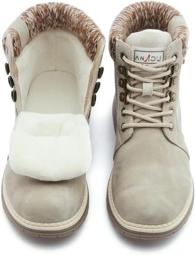 ANJOUFEMME Casual Winter Hiking Boots For Women - Womens Outdoor Snow Ankle Boots Waterproof Lightweight Lace up Fur Lined Walking Hiking Shoes