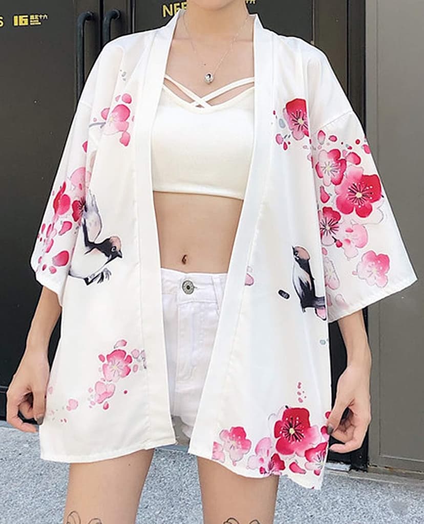LAI MENG FIVE CATS Women's Floral Print Puff Sleeve Loose Blouse Japanese Kimono Cover up Casual Cute Tops