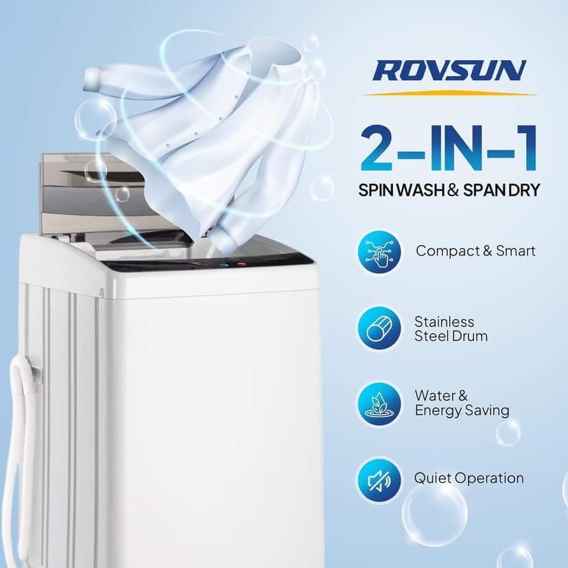 ROVSUN 30LBS Washing Machine, Full-Automatic Portable Washer with Stainless Steel Drum, Electric Laundry Machine, Washer and Spin Dryer Combo with Drain Pump for Home, Apartment