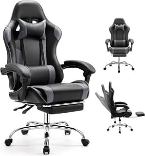 DUMOS Ergonomic Gaming Office Desk Chair with Footrest and Headrest for Adults, PU Leather Video Computer Chair with Linkage Armrests, Height Adjustable 360° Swivel Recling Chair, Black Grey
