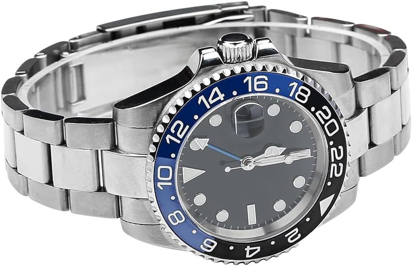 FANMIS GMT Master Sapphire Glass Blue and Black Ceramic Bezel Men's Silver Automatic Watch