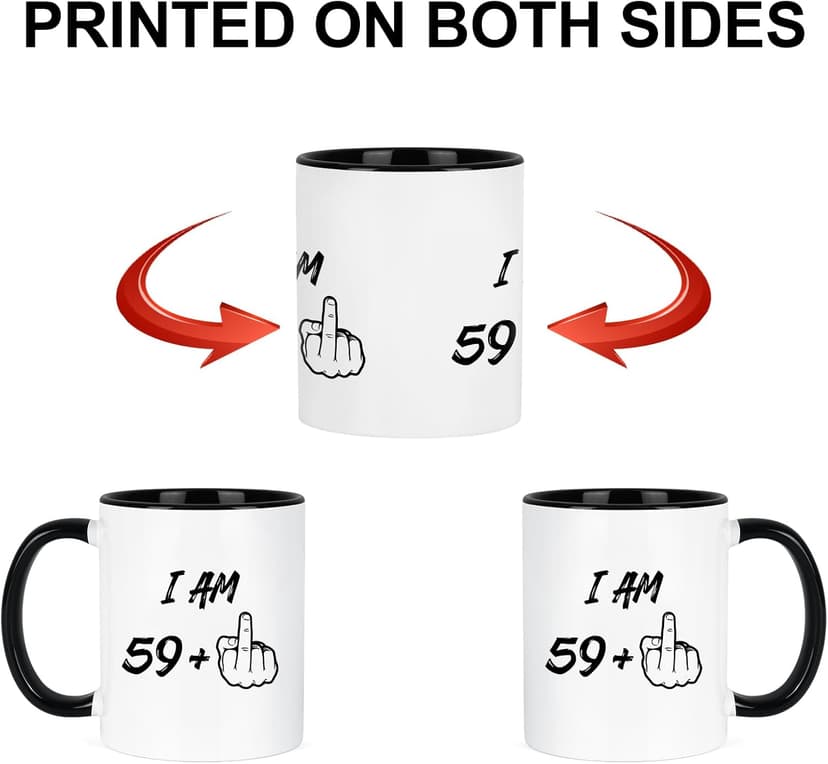 YHRJWN - 60th Birthday Gifts for Men Women, I Am 59 Plus Middle Finger Coffee Mug for Dad Mom Friends, Birthday Gift Ideas for 60 Year Old Woman, White 11 Oz Mug with Black Handle