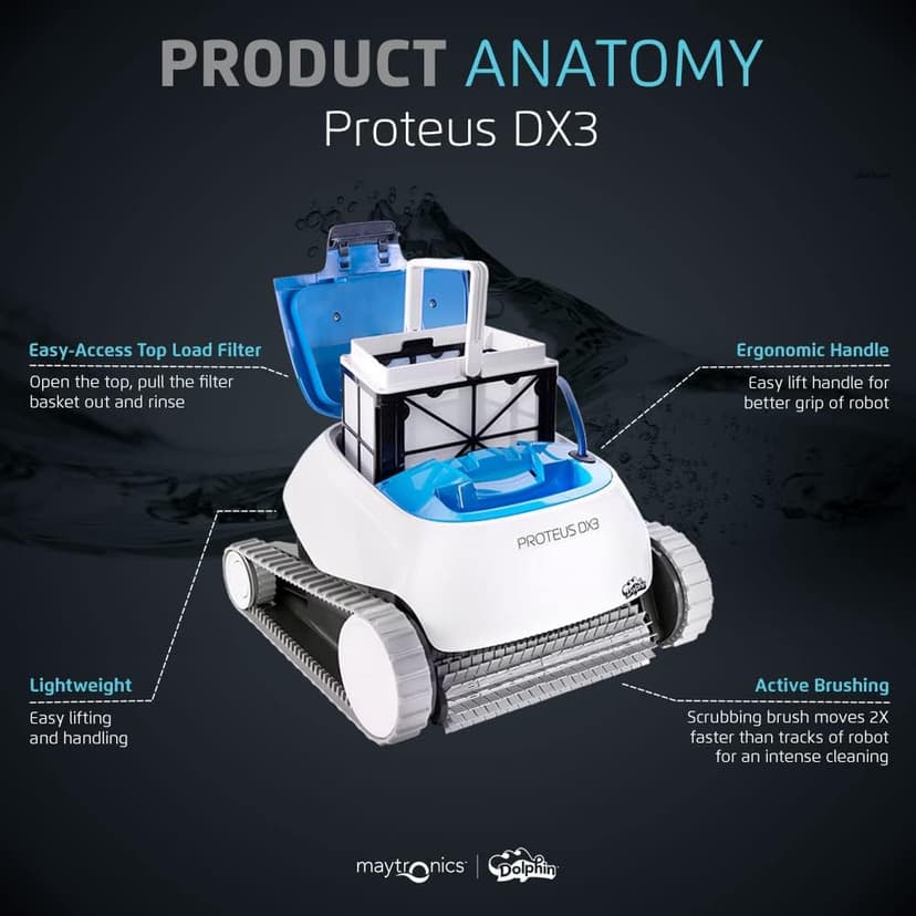 Dolphin Proteus DX3 Automatic Robotic Pool Vacuum Cleaner, Wall Climbing, Active Scrubber Brush, Ideal for In-ground Pools up to 33 FT in Length