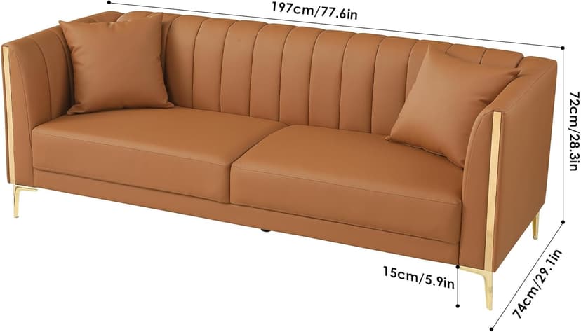FOTOSOK 78'' Couch Sofa, Modern Leather Couches for Living Room, Comfy, Faux Leather Sofa 3 Seater Sofa with 2 Throw Pillows and Gold Metal Legs, Deep Seat Sofas (Brown)