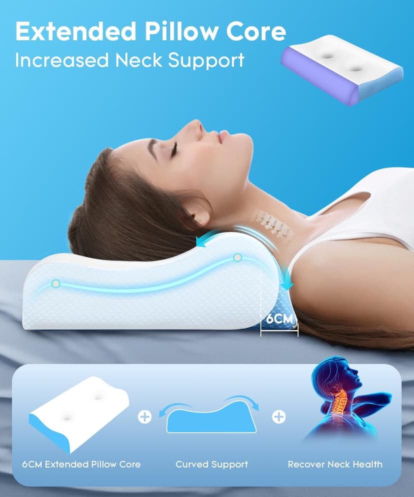 Cervical Pillow for Neck Pain Relief - Contour Pillow Memory Foam Pillows for Sleeping, Double Ear Relief Zones Neck Pillow, 6CM Enhanced Neck Support Cooling Bed Pillow for All Sleep Positions