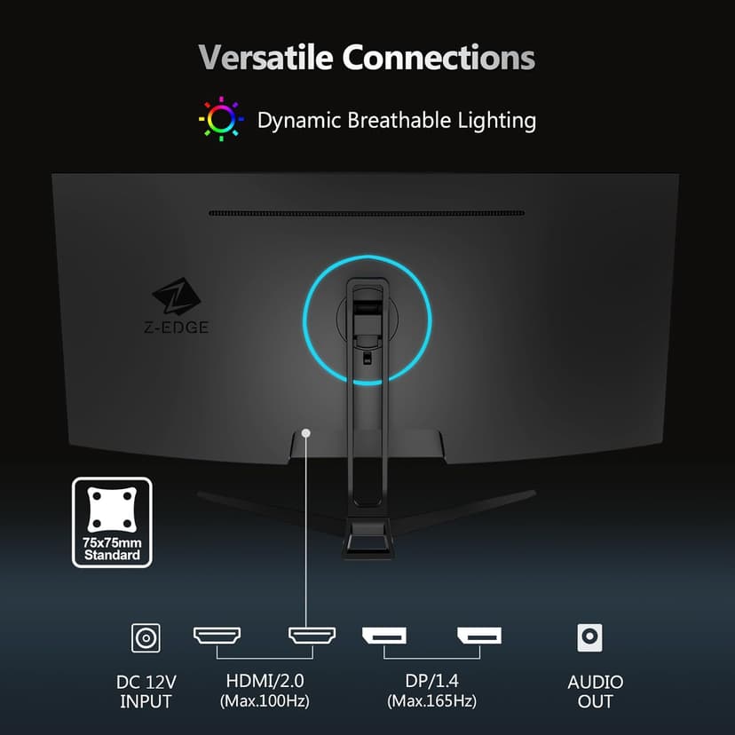 Z-Edge 34" Curved Gaming Monitor, WQHD 1440P 165Hz 144Hz PC Monitor, MPRT 1ms, 21:9 Aspect Ratio, 1500R, 16.7M Colors, 3000:1 Contrast, UG34 Frameless Bezel, 2X DP 1.4 Ports and 2X HDMI 2.0 Port