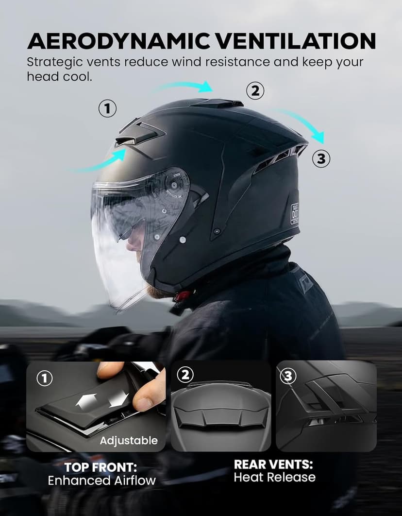 XFMT 3/4 Open Face Motorcycle Helmet Dual Visor Moped Street Bike Scooter Helmet with Internal Sunshield for Adults Men & Women, DOT Approved