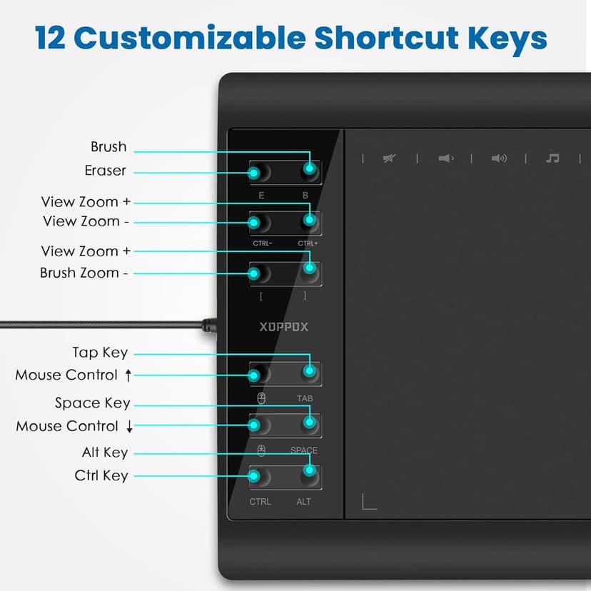 XOPPOX Graphics Drawing Tablet, 10×6 Inch Large Active Area with Battery-Free Stylus, 8192 Levels of Pen Pressure and 12 Hot Keys, Compatible with PC/Mac/Android for Painting, Design & Online Teaching