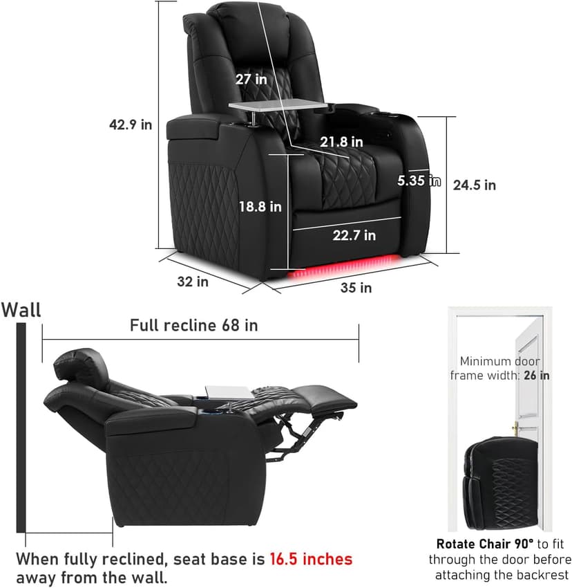 PBRO Home Theater Seating Top Grain Leather Recliner Chair, Movie Theater Chair Sofa with Power Reclining & Headrest USB Charger Ports Ambient Lighting, Black Single Seat for Home
