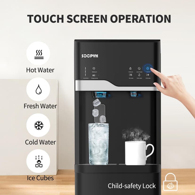 Self Cleaning Hot and Cold Bottom Load Water Cooler Dispenser with Ice Maker 5 Gal Built-in Bullet Ice Maker 22lbs Daily Capacity Black