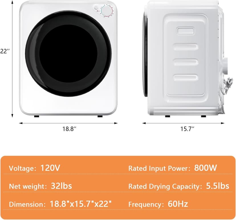 DOGHLY 120V Portable Electric Clothes Dryer, 800W Compact Laundry Dryer, Easy Control, 1.6 Cu.Ft Front Load Stainless Steel Electric Dryers Machine with Simple Control Knob for Apartment, RV, Dorm